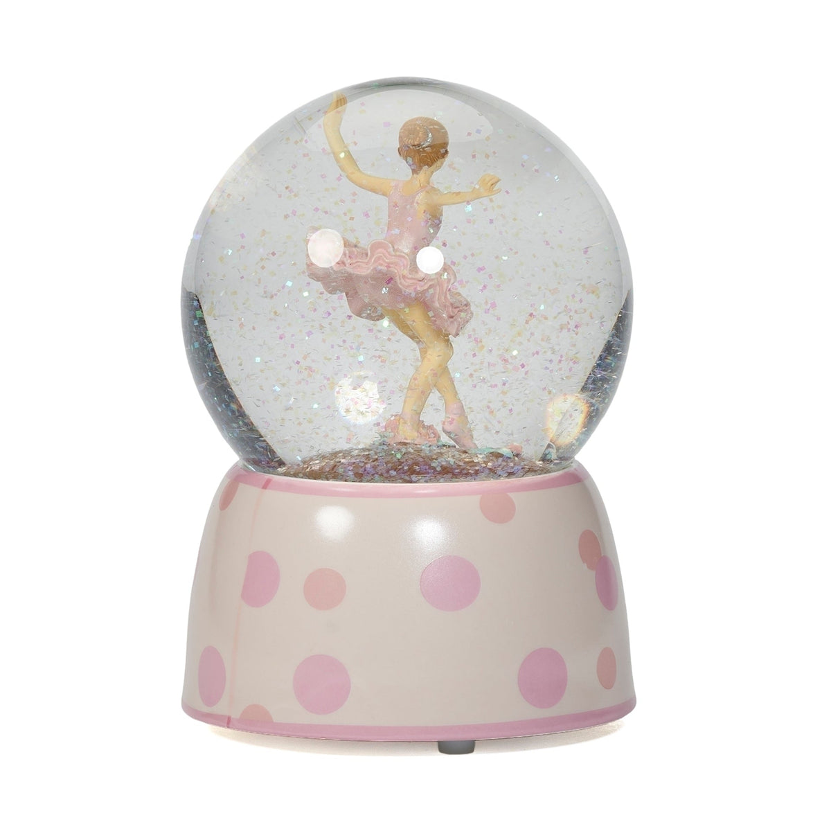 Side view of Glitterdome Musical Dancing Ballerina showing the ballerina, glitter-filled globe, and rounded pink music box base