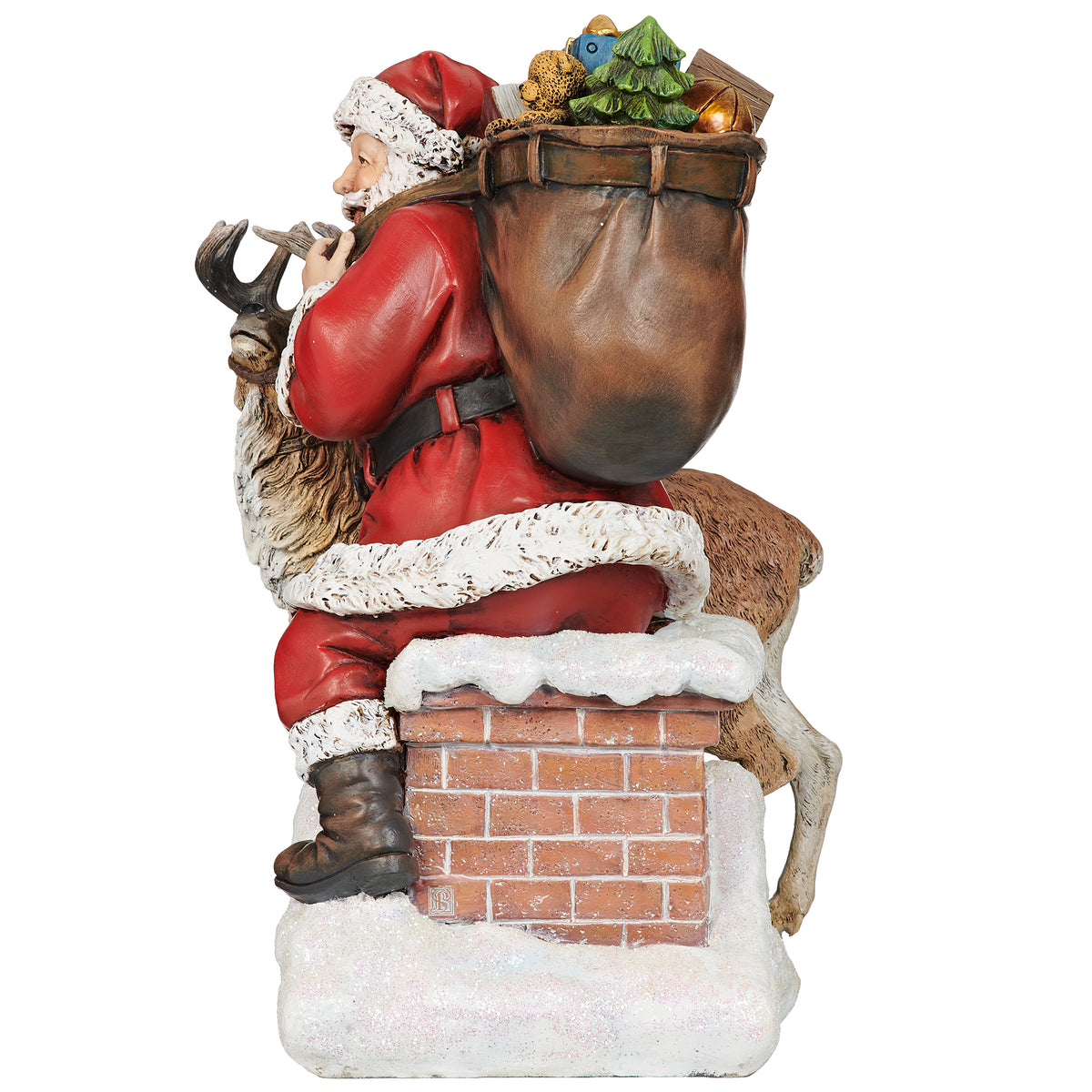 Rear side view of Santa carrying a gift-filled sack on chimney rooftop