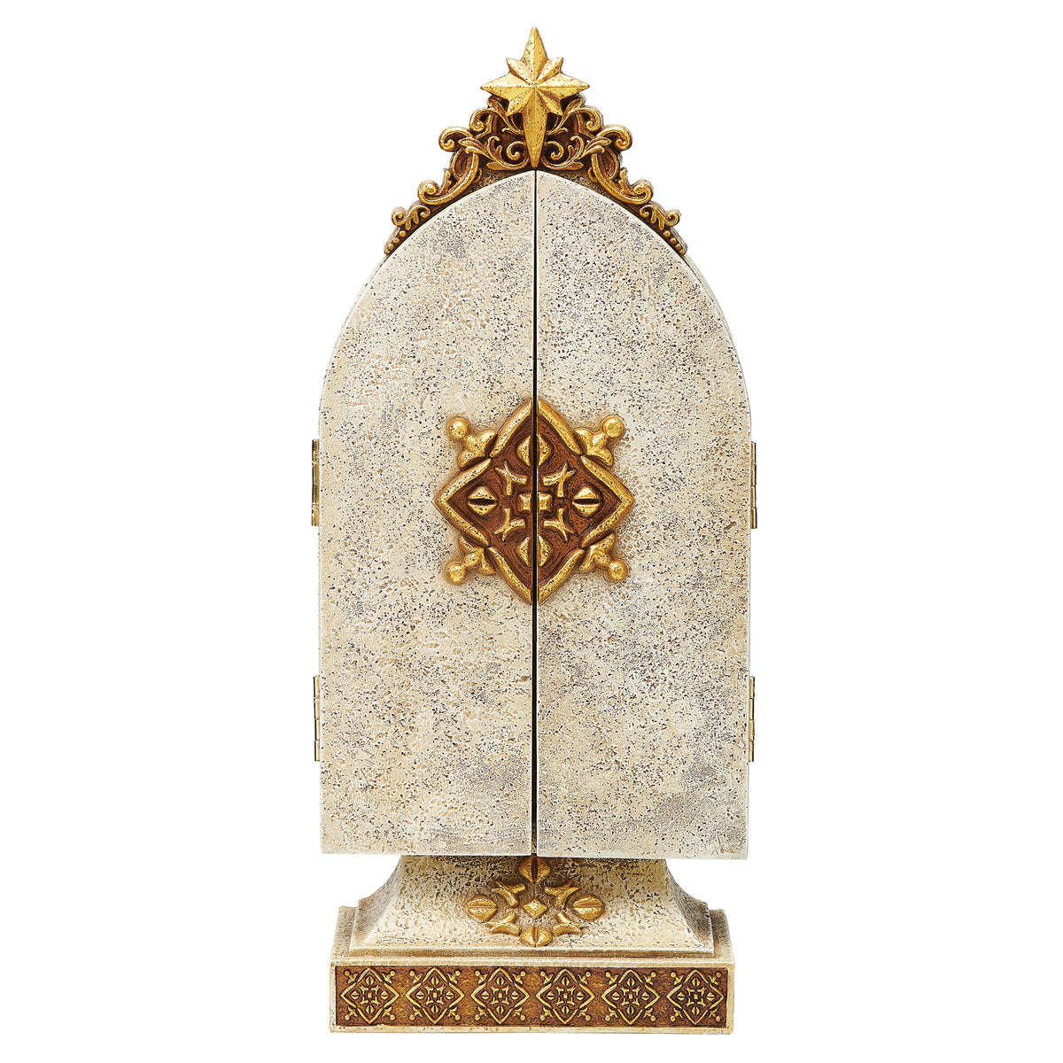 Back view of Joseph's Studio Holy Family Triptych showing the closed ivory panels with a raised gold floral medallion and ornate trim