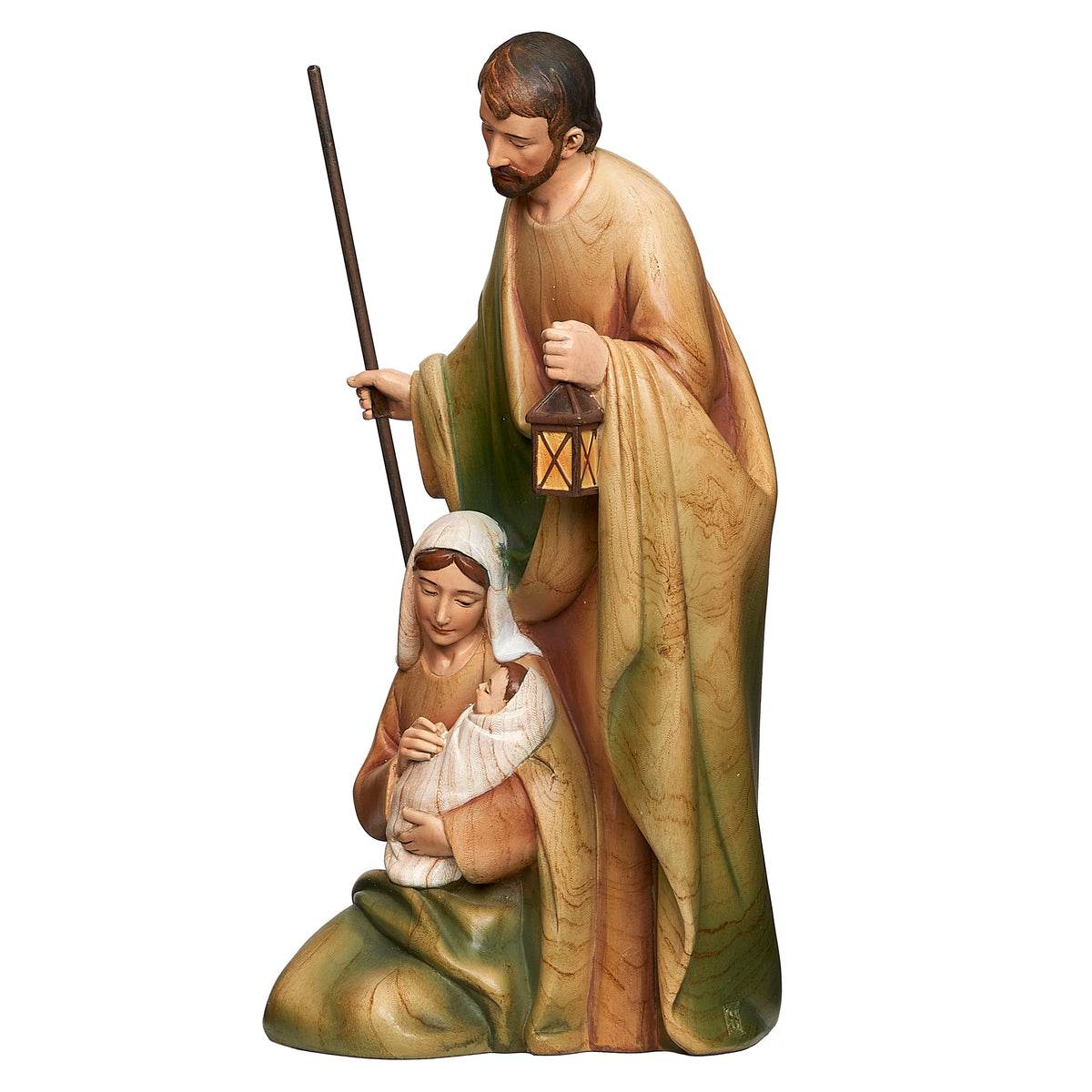 Side view of Joseph’s Studio Stained Wood Holy Family Figure showing Joseph with staff beside Mary holding the infant Jesus