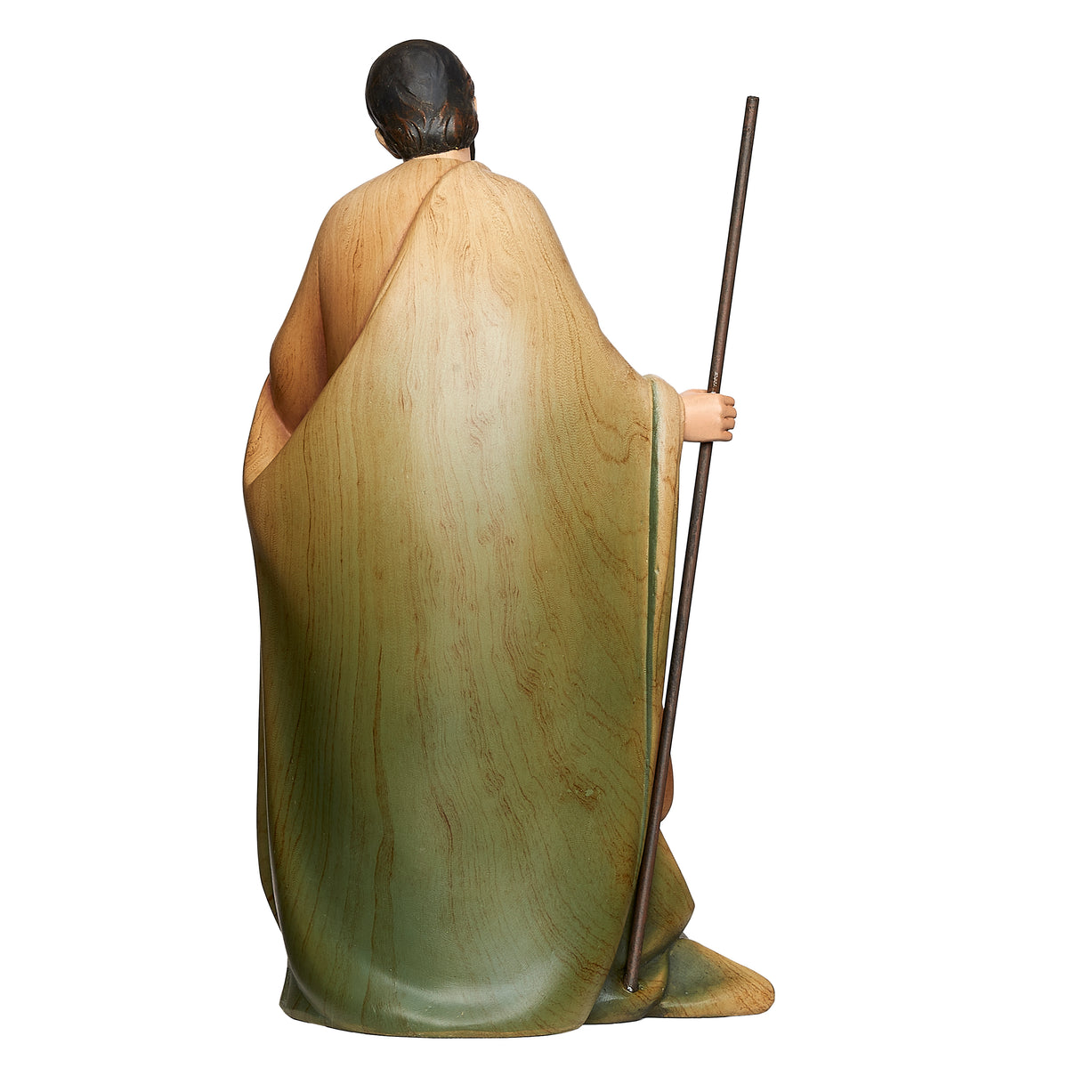 Back view of Joseph’s Studio Stained Wood Holy Family Figure showing Joseph’s flowing green and tan cloak and staff