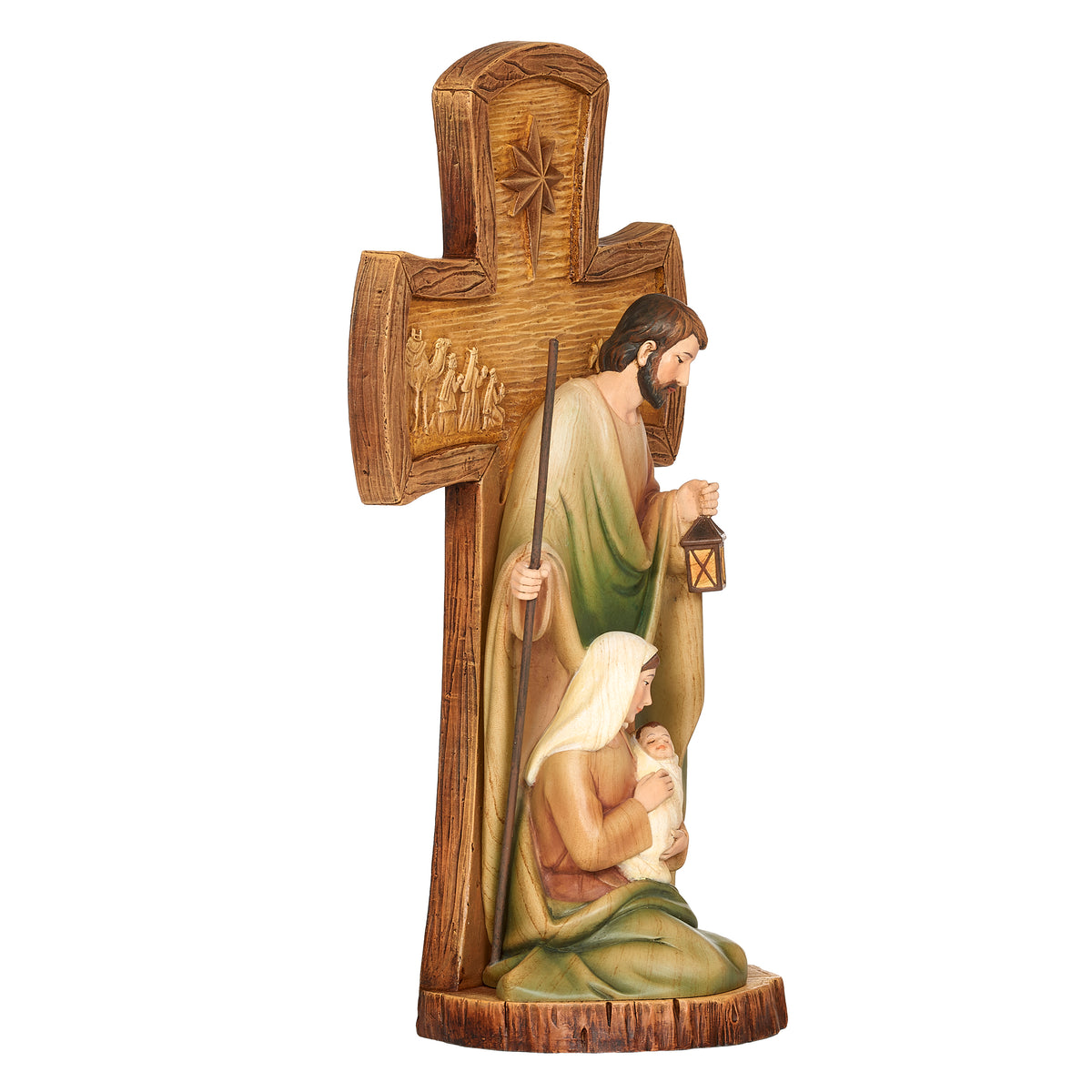 Opposite front angled view of Joseph’s Studio Stained Wood Cross with Holy Family Figure showing Joseph, Mary, baby Jesus, and the carved wood-look cross