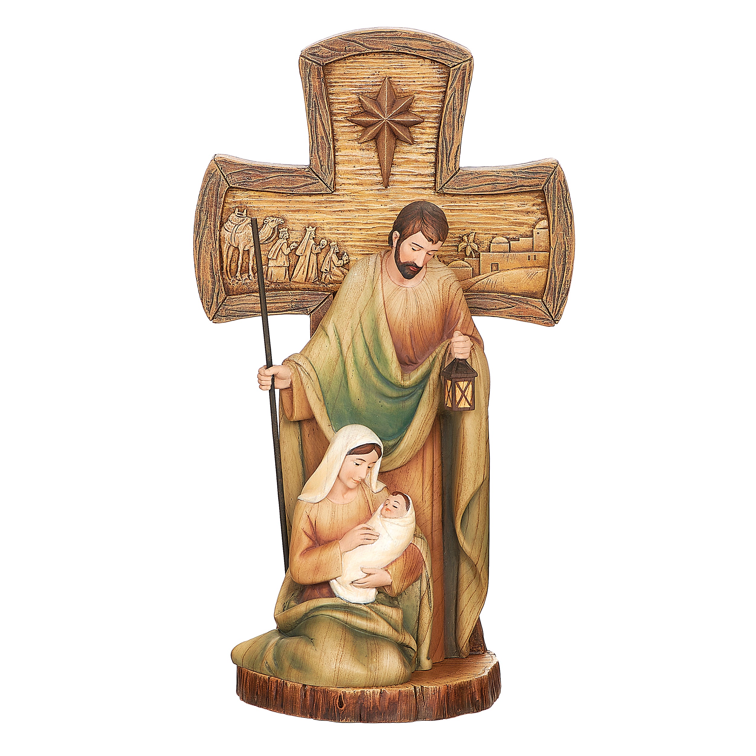 Joseph’s Studio Stained Wood Cross with Holy Family Figure