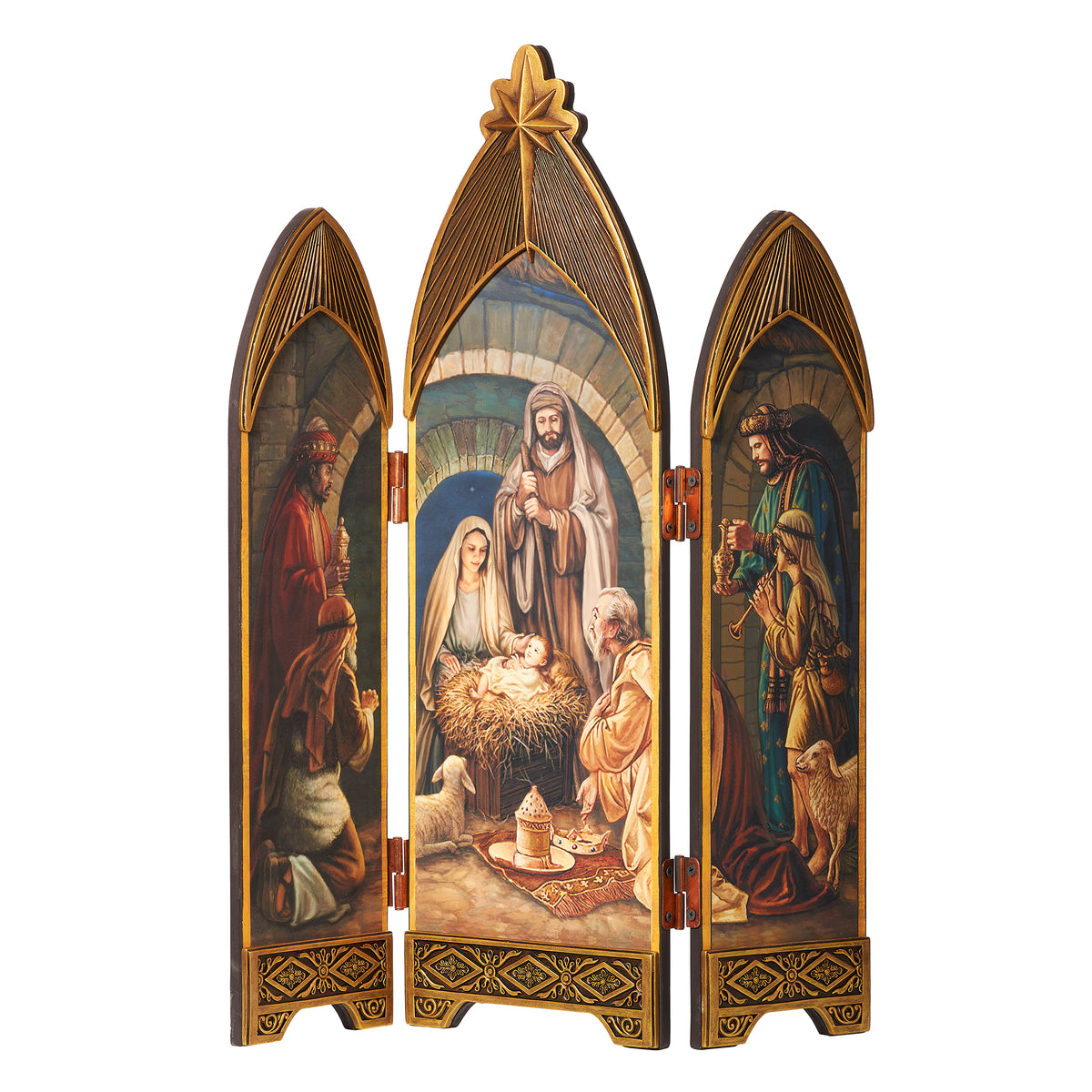 Alternate view of Joseph's Studio Nativity Folding Screen showing the hinged three-panel design with richly detailed Nativity artwork and gold decorative accents