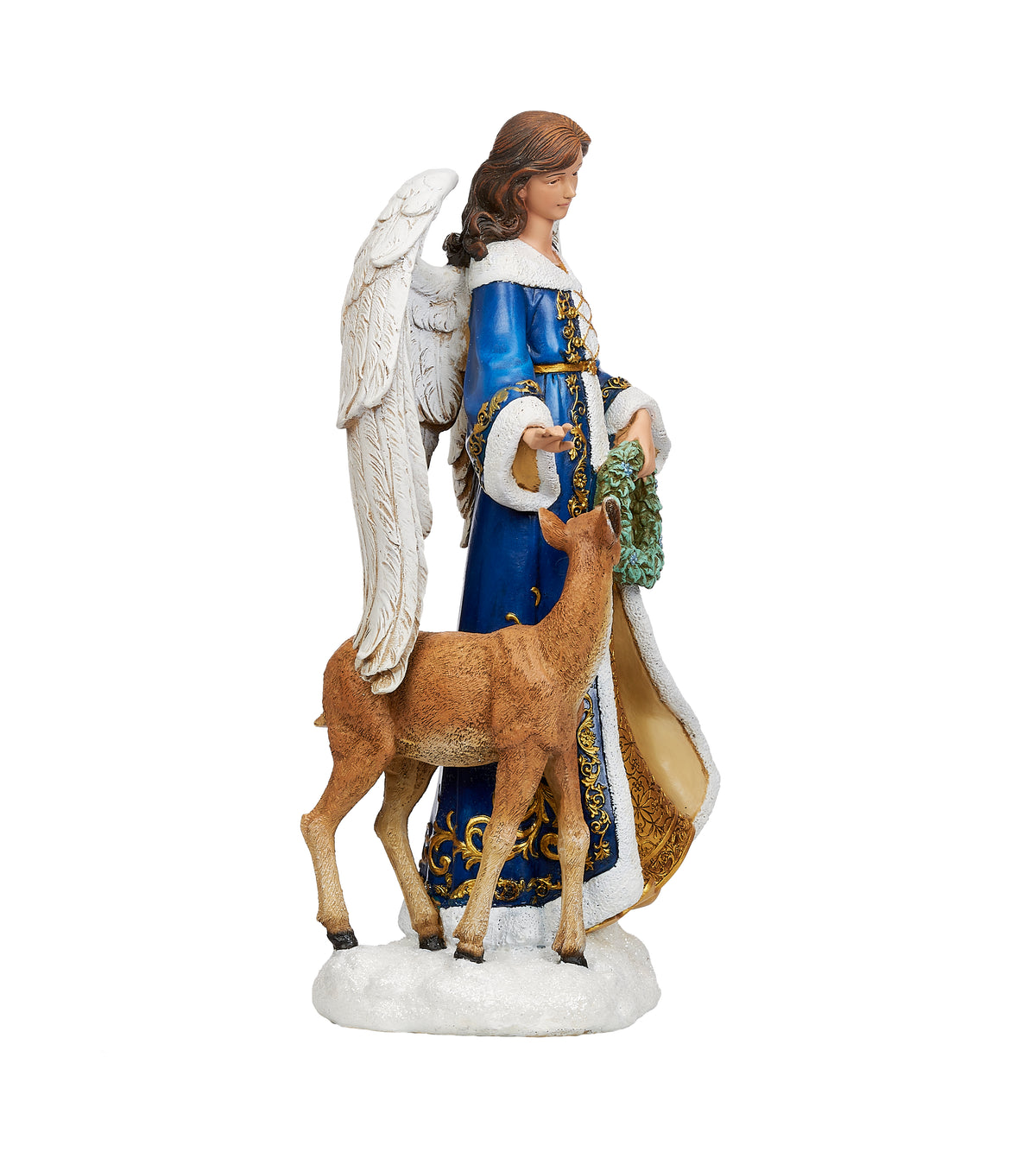 Side view of Joseph's Studio Blue and Gold Angel showing the deer beside the angel, layered wings, and flowing blue and gold garments
