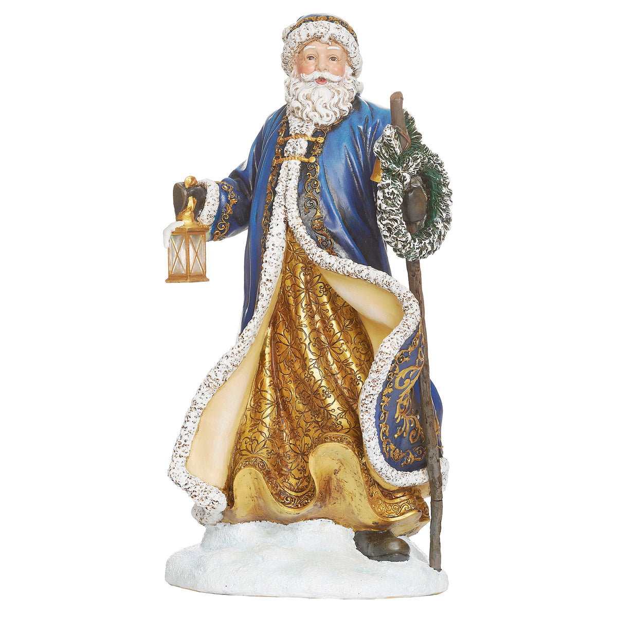 Front angled view of Joseph's Studio Lighted Blue and Gold Santa showing the illuminated lantern, decorative wreath, blue coat, and gold patterned robes