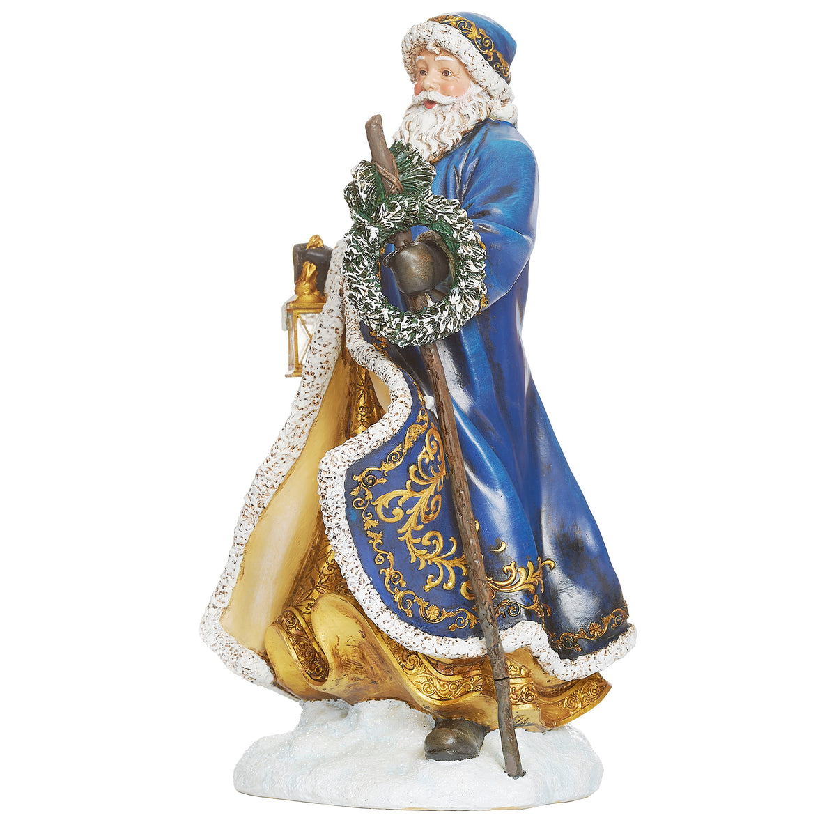 Side view of Joseph's Studio Lighted Blue and Gold Santa showing the flowing blue coat, gold garments, lantern, and wreath