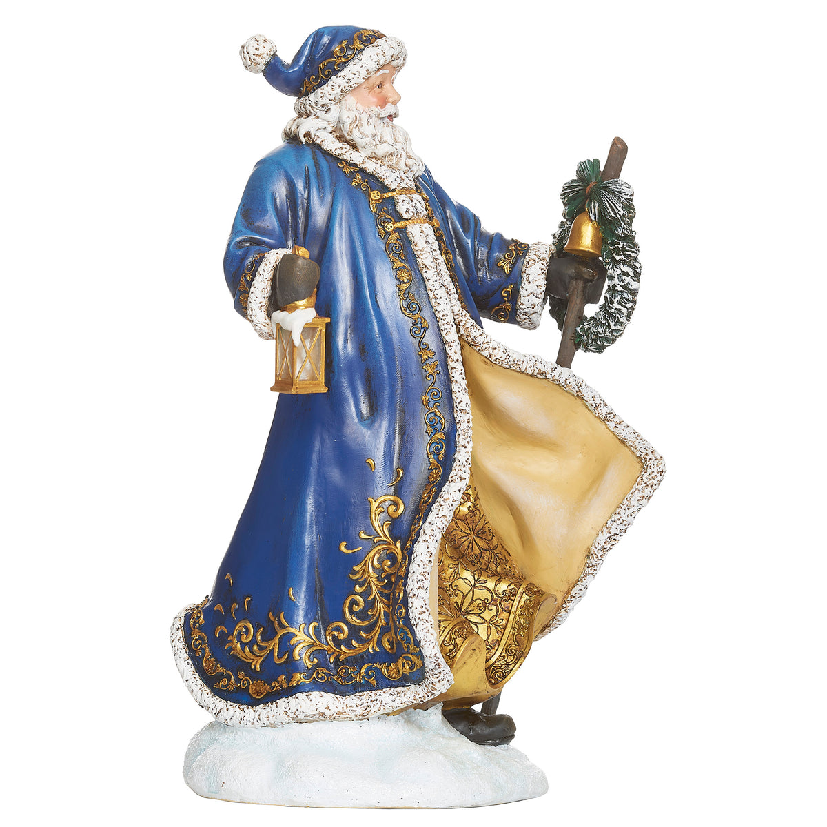 Rear angled view of Joseph's Studio Lighted Blue and Gold Santa showing the blue coat, gold lining, wreath, and white fur trim