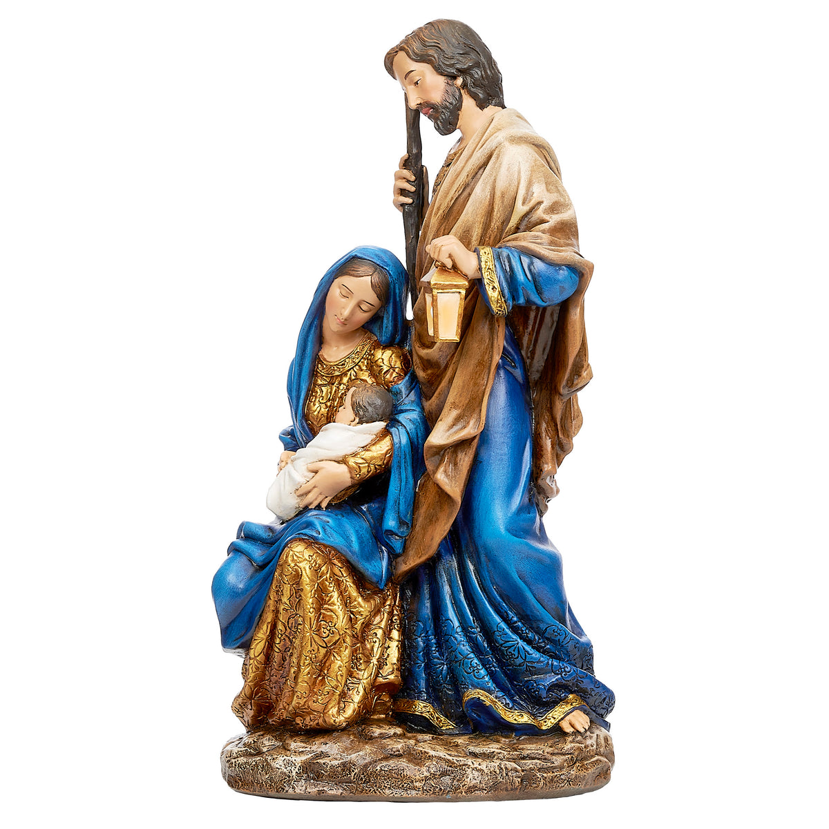 Front angled view of Joseph's Studio Graceful Holy Family Figure showing Mary cradling baby Jesus with Joseph standing protectively beside her