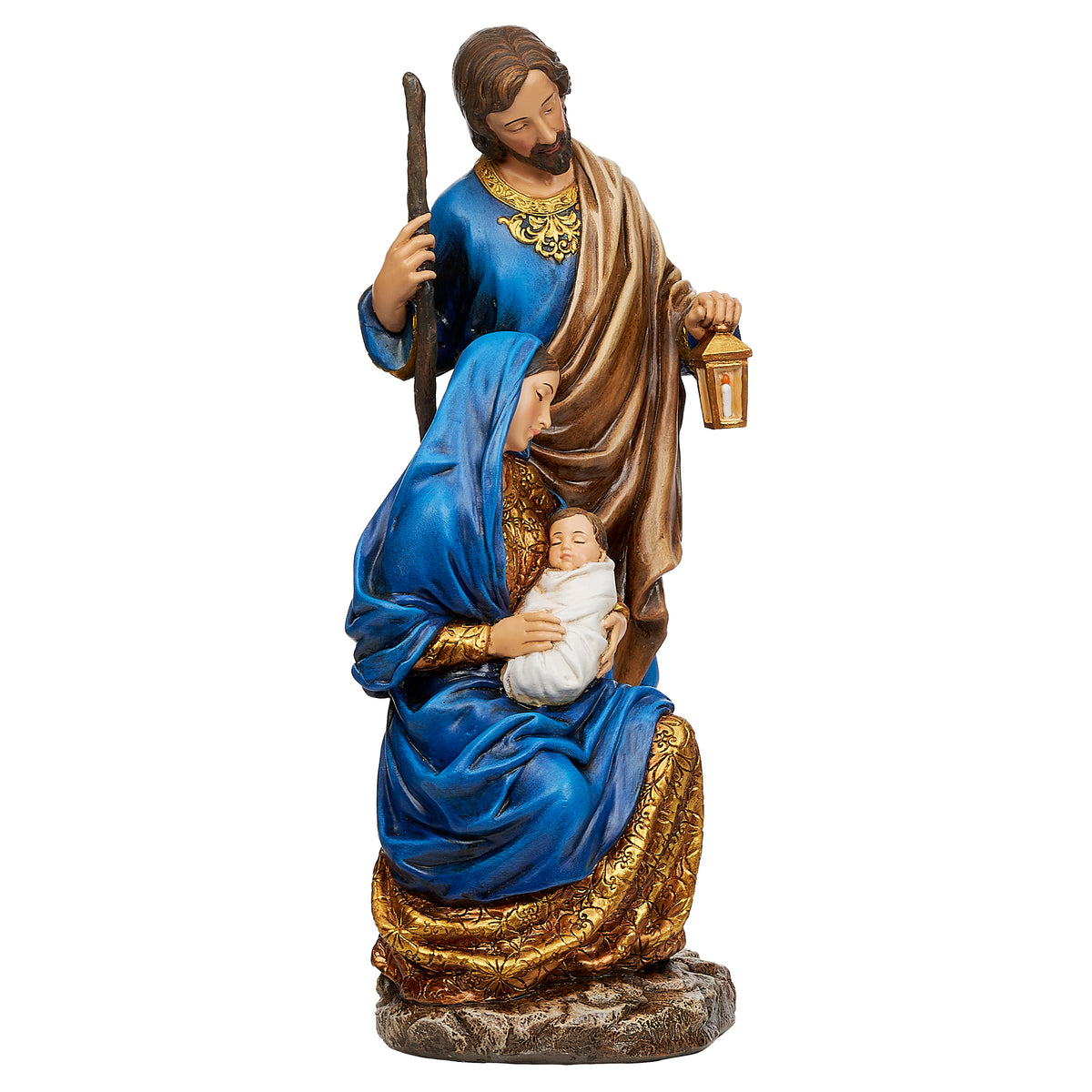 Opposite angled view of Joseph's Studio Graceful Holy Family Figure showing Joseph standing behind Mary and the infant Jesus with detailed blue and gold garments