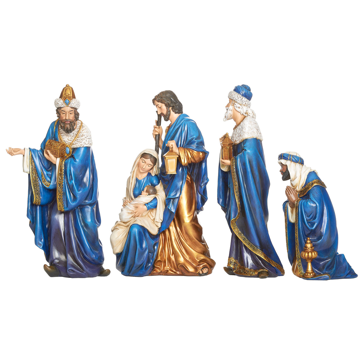 Front view of Joseph's Studio Nativity Set showing the Holy Family and angel arranged together in coordinated blue and gold robes