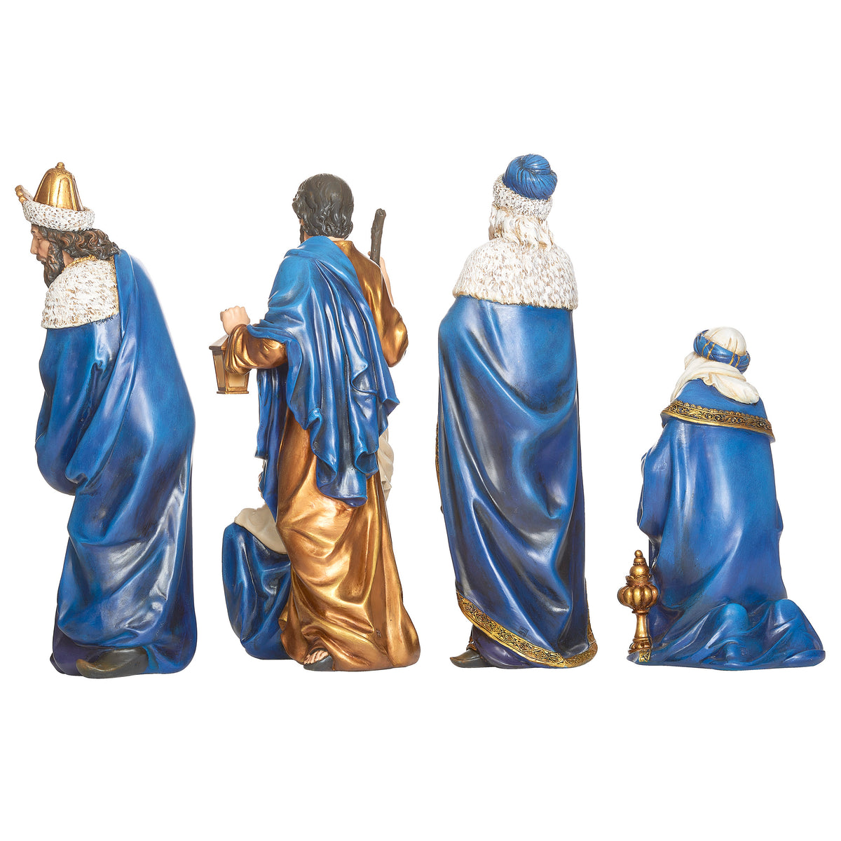 Side angled view of Joseph's Studio Nativity Set showing the four figures in profile with flowing blue garments and gold accents