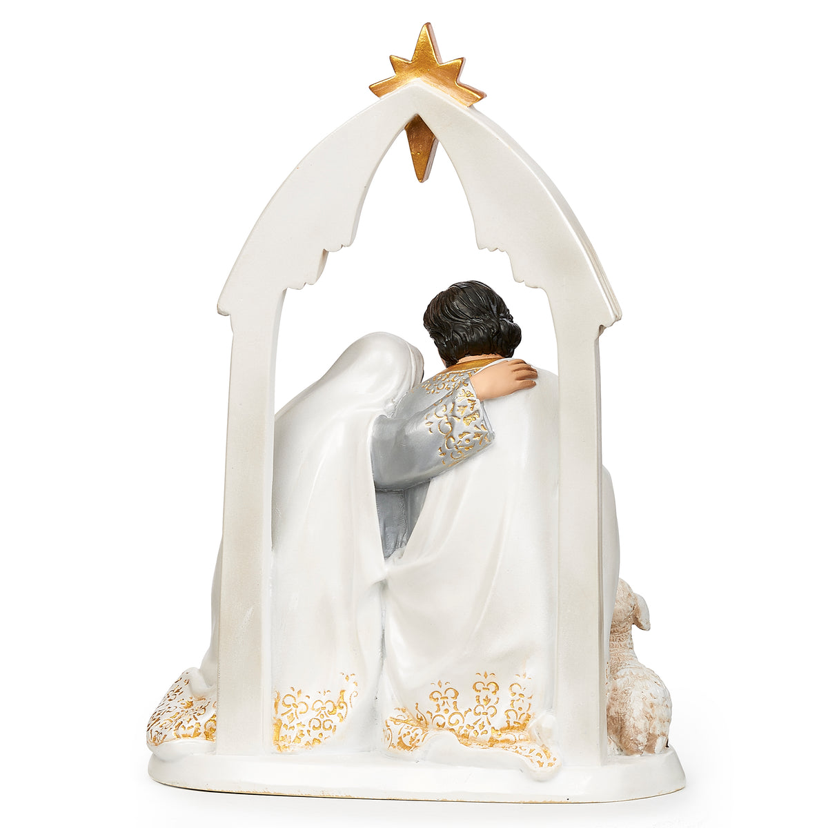 Back view of Joseph’s Studio Holy Family Figurine showing the flowing white and gold robes and arched frame