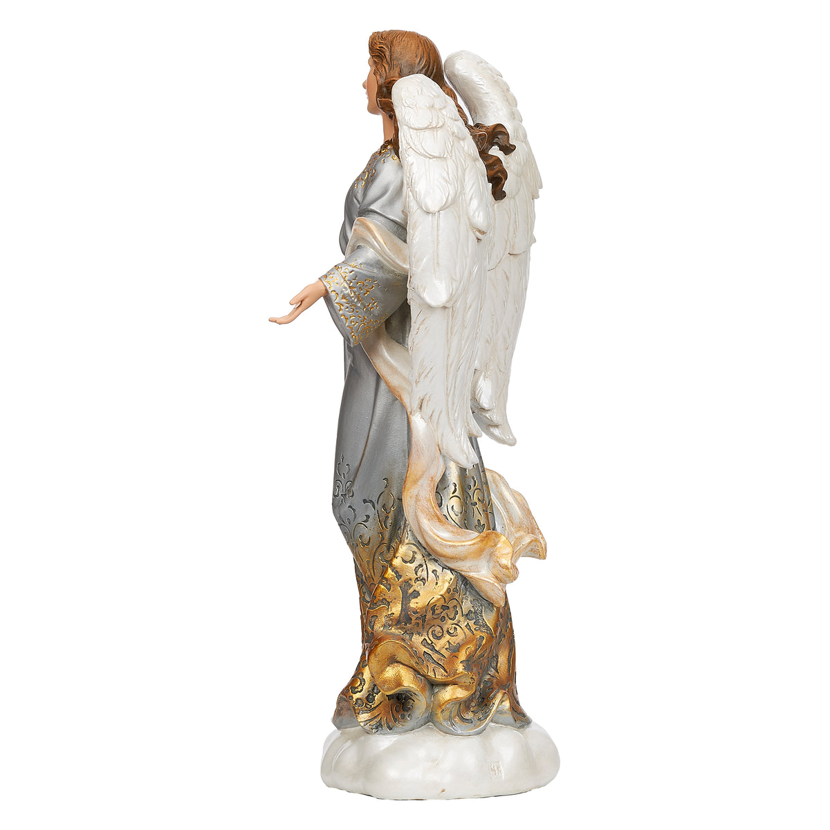 Side view of Joseph's Studio Gold Ombre Angel showing the extended arm, flowing gown, and layered feathered wing