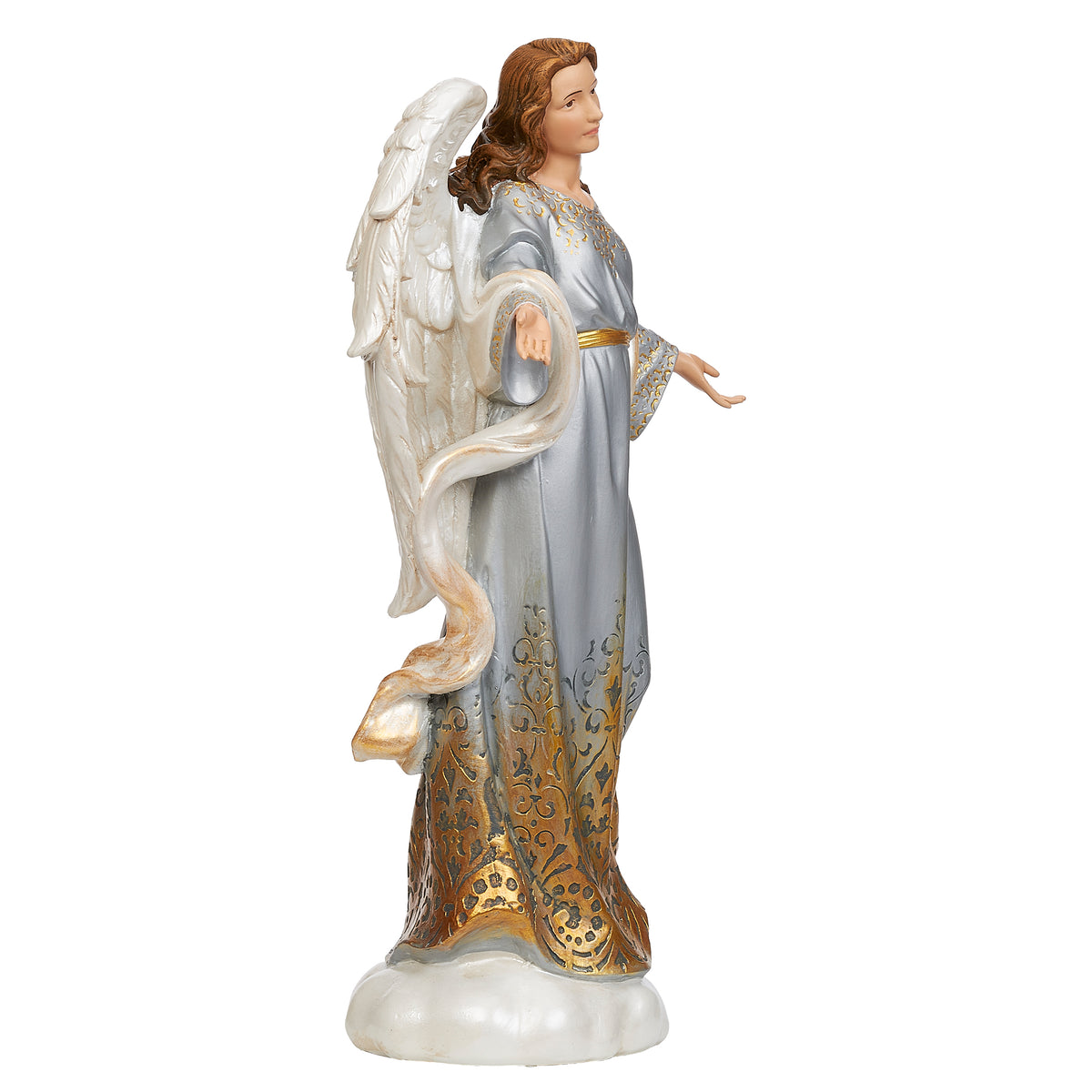 Opposite side view of Joseph's Studio Gold Ombre Angel showing the open hand, wing profile, and soft blue and gold robe details