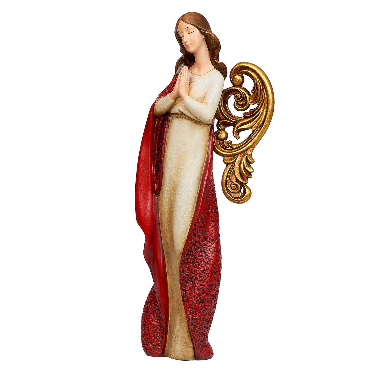 Front angled view of Joseph's Studio Praying Angel showing the folded hands, ivory gown, red draped robe, and decorative gold wings