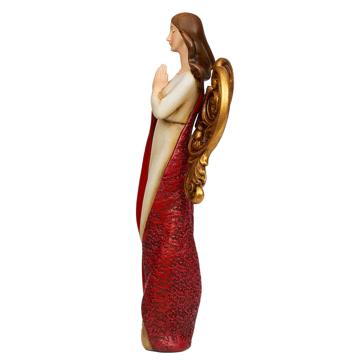Side view of Joseph's Studio Praying Angel showing the prayerful pose, flowing red gown, and sculpted gold wing profile