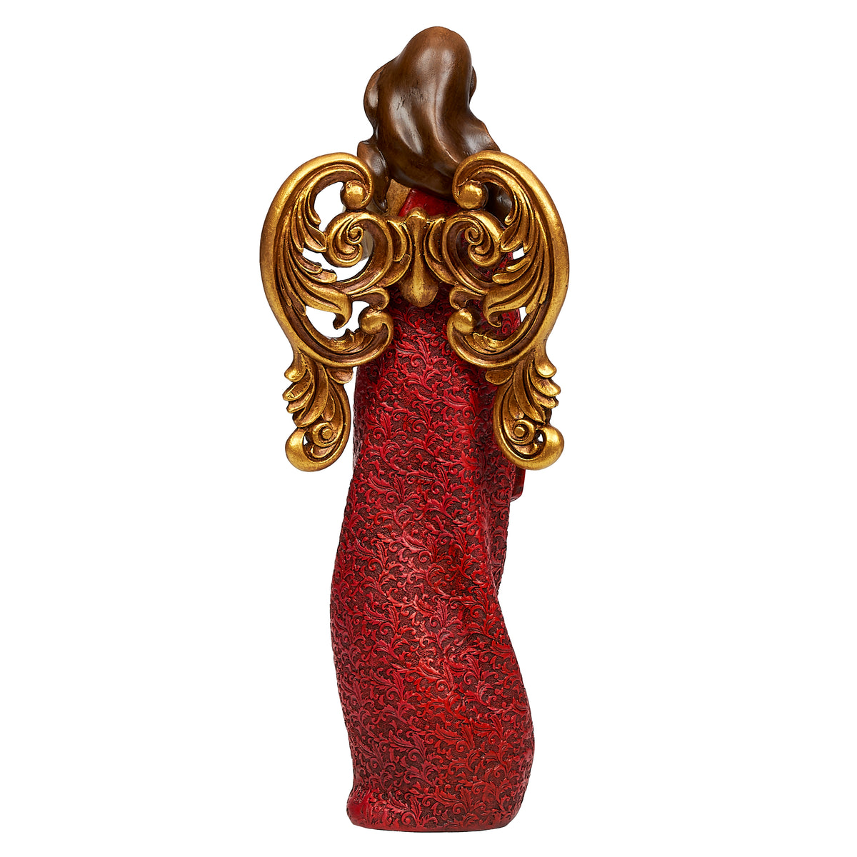 Back view of Joseph's Studio Praying Angel showing the ornate gold wings and long red patterned gown
