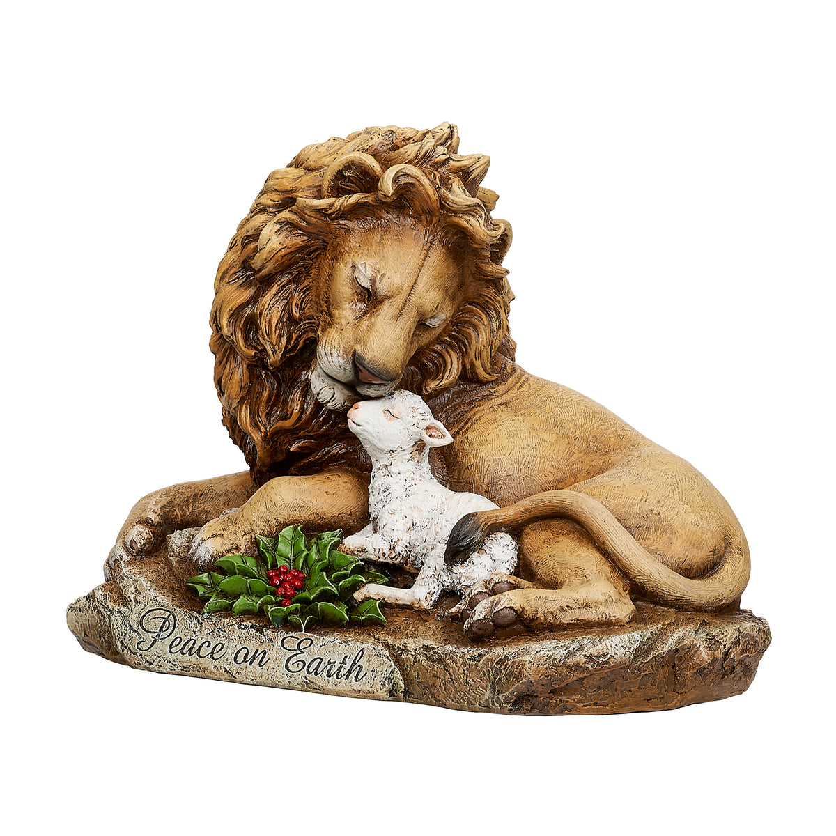 Front view of Joseph's Studio Lion & Lamb on a Rock Statue showing the lion resting beside the lamb with greenery and floral accents