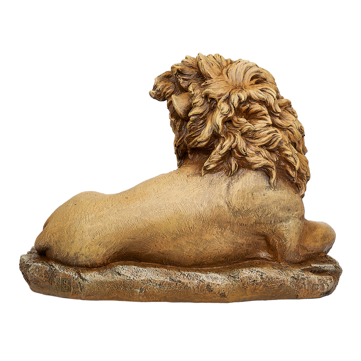 Rear angled view of Joseph's Studio Lion & Lamb on a Rock Statue showing the lion's sculpted body, mane, and naturalistic base