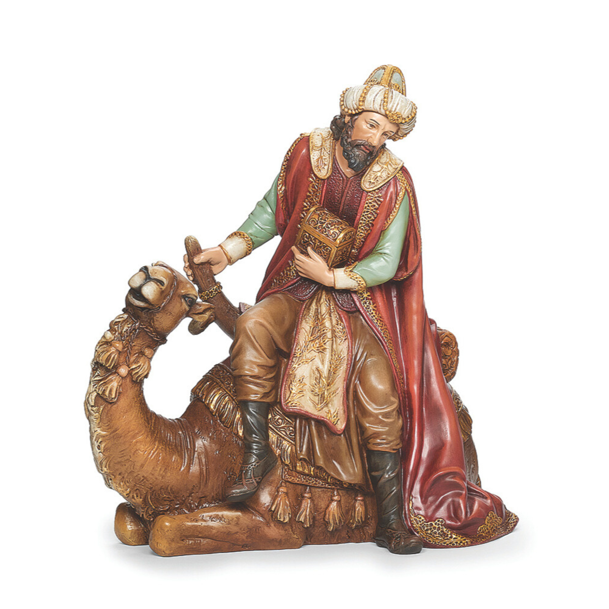 Statue of a figure in regal attire sitting on a camel against a white background