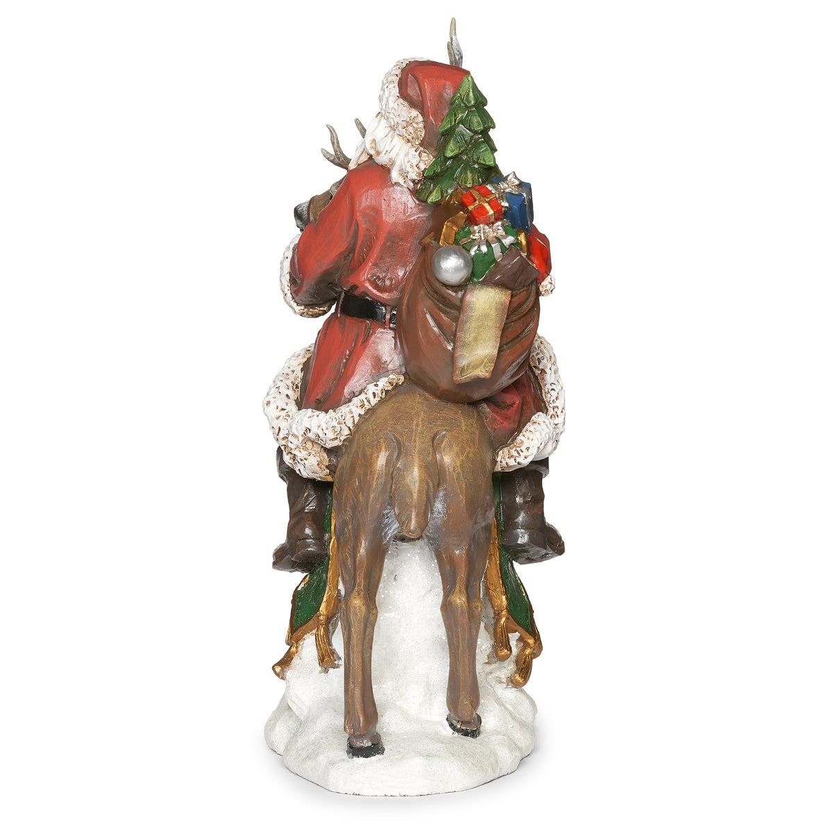 Back view of Joseph's Studio Santa Riding Deer Figure showing Santa's large sack of gifts and the deer from behind