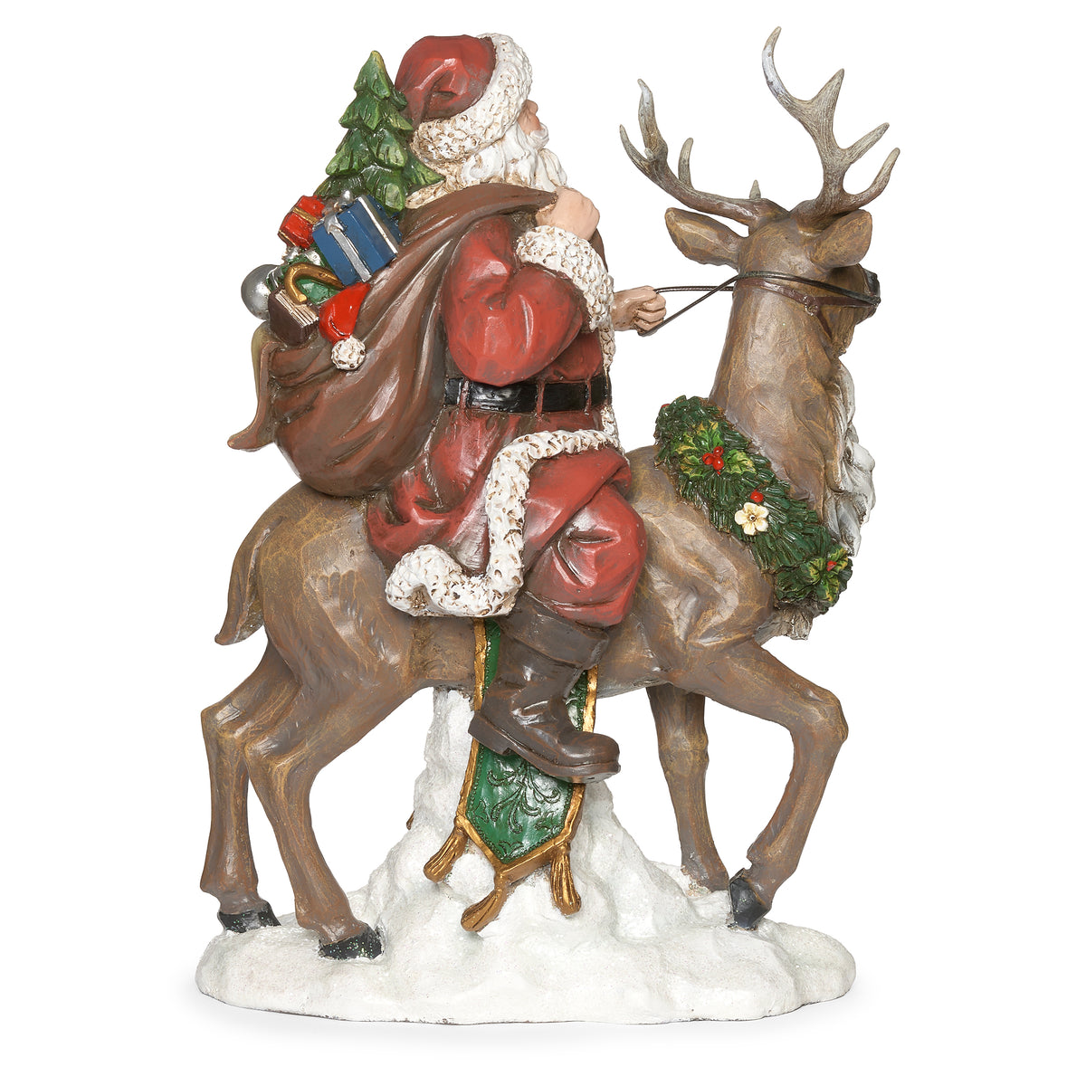 Opposite rear angled view of Joseph's Studio Santa Riding Deer Figure showing Santa's gift sack, flowing red coat, and the deer turning forward