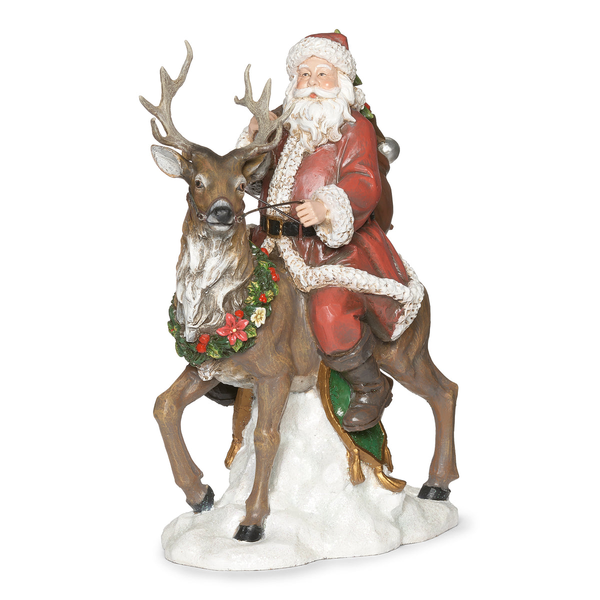 Alternate front angled view of Joseph's Studio Santa Riding Deer Figure highlighting Santa, the antlered deer, festive wreath, and sculpted snow