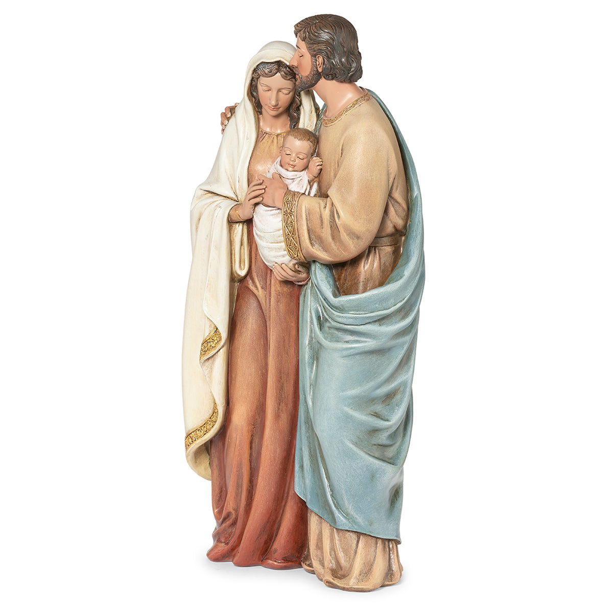 Front angled view of Joseph's Studio Joseph Kissing Mary Figure showing Mary and Joseph holding baby Jesus in a tender embrace