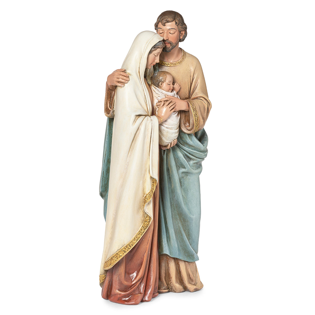 Opposite front angled view of Joseph's Studio Joseph Kissing Mary Figure showing the Holy Family together with baby Jesus cradled between Mary and Joseph