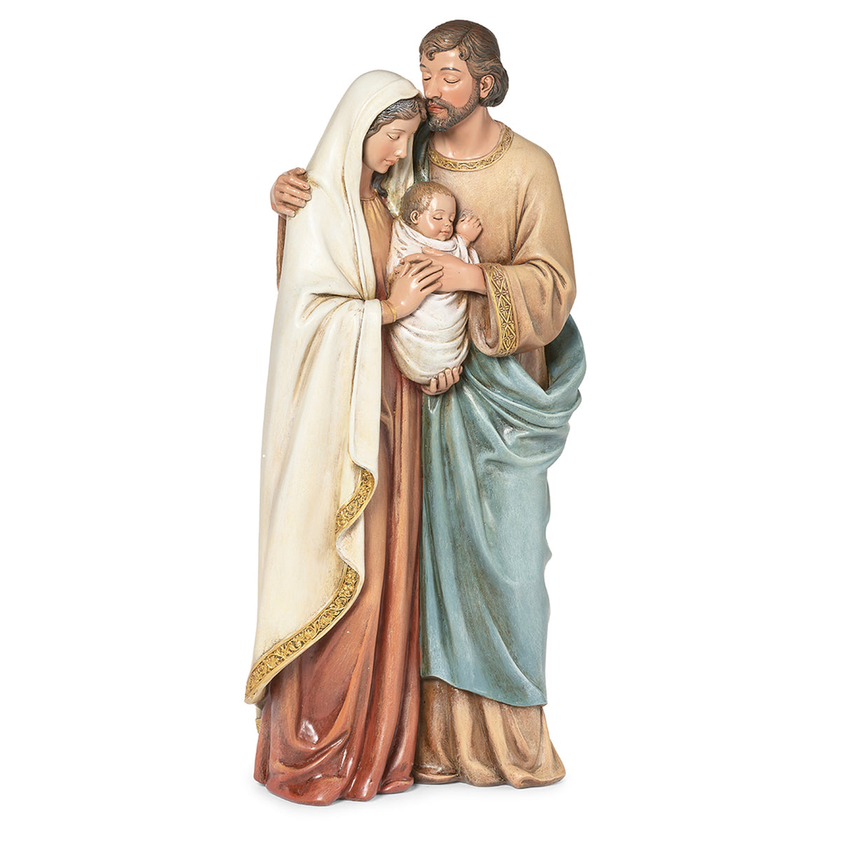 Alternate front view of Joseph's Studio Joseph Kissing Mary Figure highlighting Joseph kissing Mary's forehead while they hold the infant Jesus