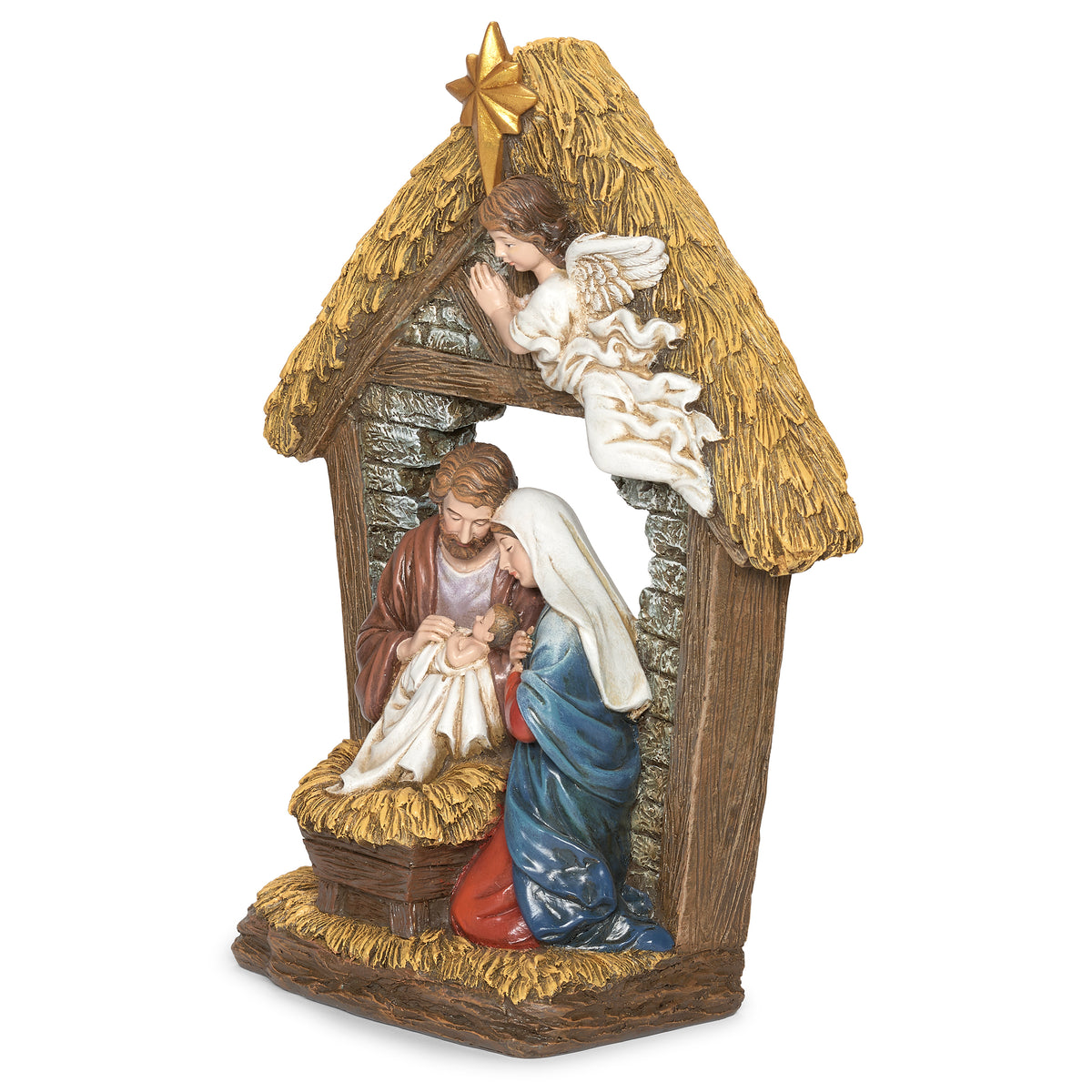 Front angled view of Joseph's Studio Holy Family Nativity with Angel Figure showing the Holy Family, angel, rustic stable, and textured stone-and-wood details