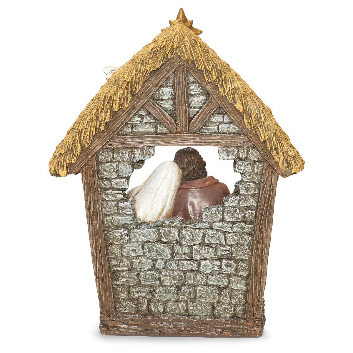 Back view of Joseph's Studio Holy Family Nativity with Angel Figure showing the stone-textured stable wall, wood framing, and peaked roof