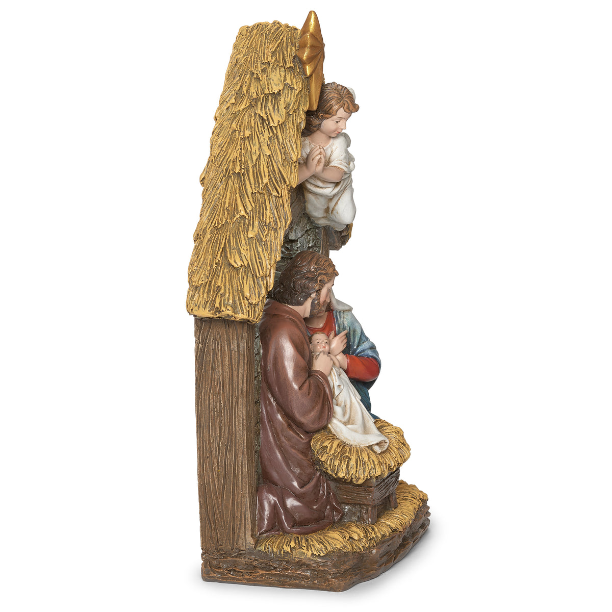 Opposite side view of Joseph's Studio Holy Family Nativity with Angel Figure showing the Holy Family, sculpted stable, and layered roof details
