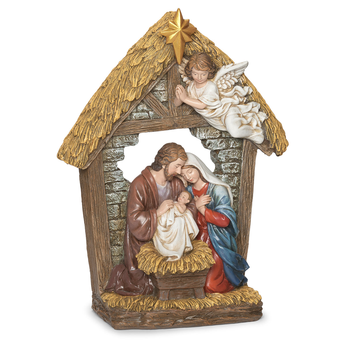 Alternate front view of Joseph's Studio Holy Family Nativity with Angel Figure highlighting Mary, Joseph, baby Jesus, the angel above, and Star of Bethlehem