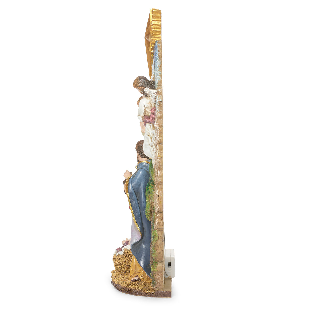 Side view of Joseph's Studio Lighted Nativity Wreath showing the narrow profile and layered sculpted Nativity scene