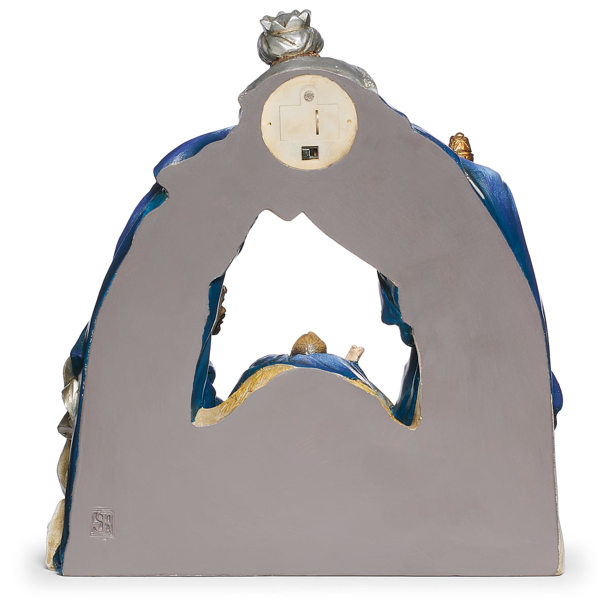 Back view of Joseph's Studio Lighted Nativity Arch Figure showing the arched backing and battery compartment