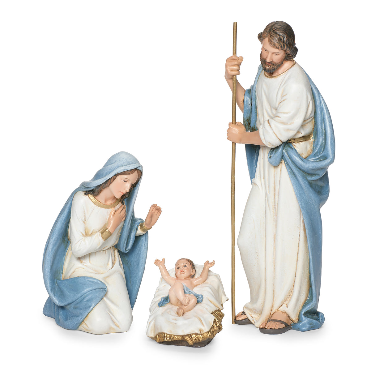 Holy Family from Joseph’s Studio White & Blue Nativity Set featuring Mary kneeling beside baby Jesus with Joseph standing behind