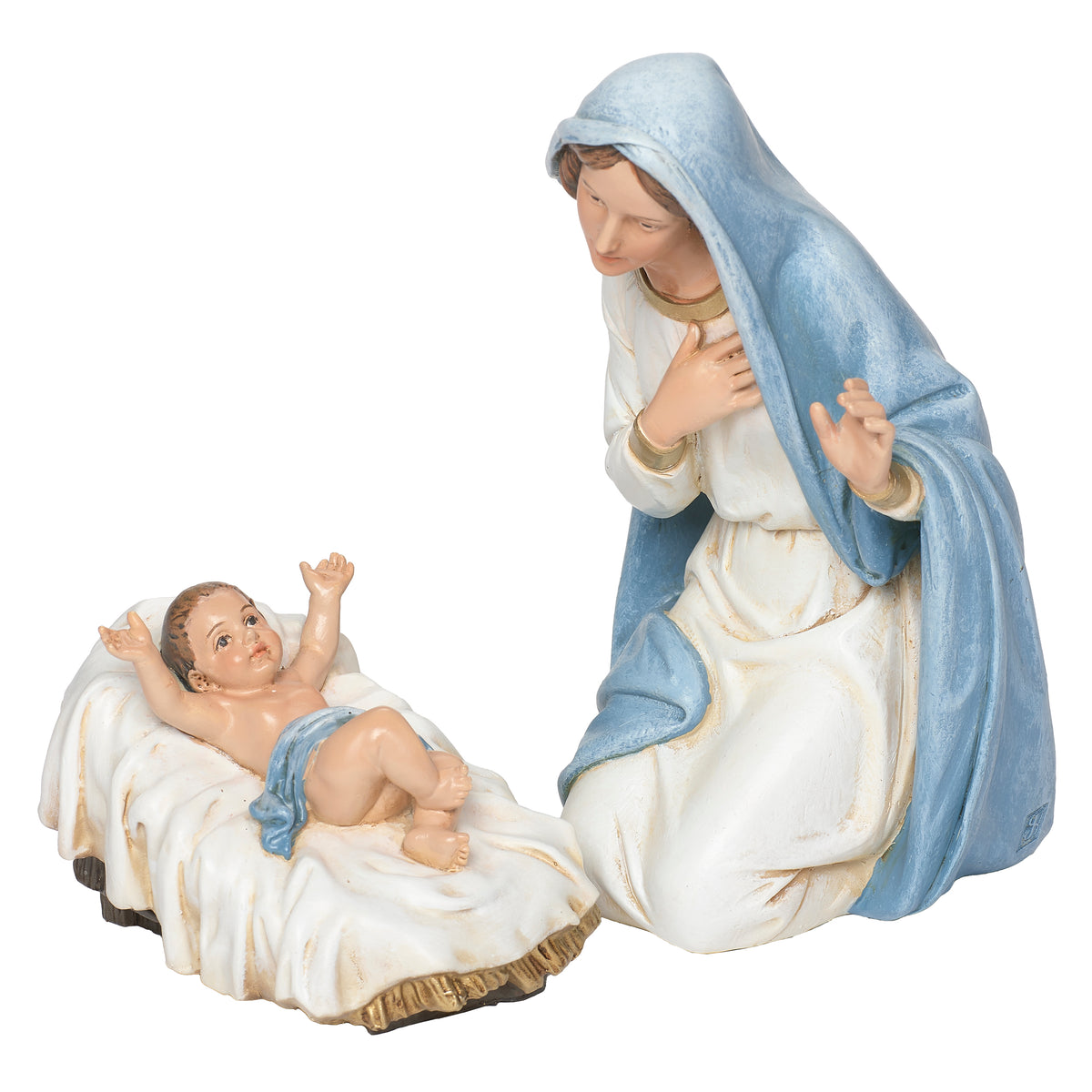 Mary and baby Jesus from Joseph’s Studio White & Blue Nativity Set shown in soft blue and ivory robes