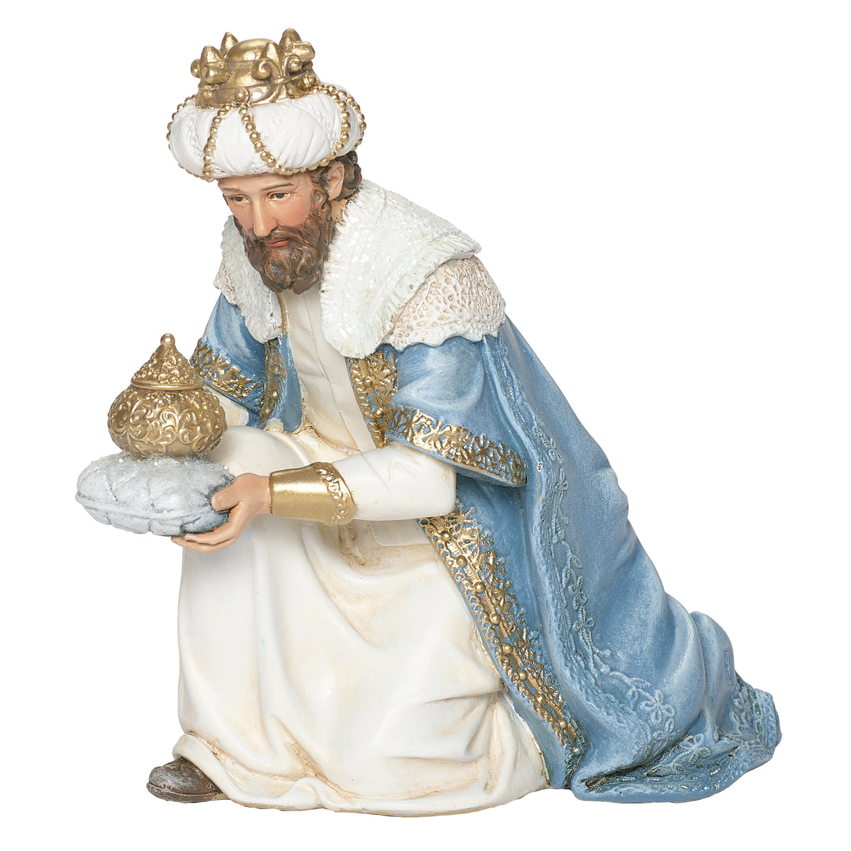 Seated king from Joseph’s Studio White & Blue Nativity Set wearing a jeweled crown and holding a gift