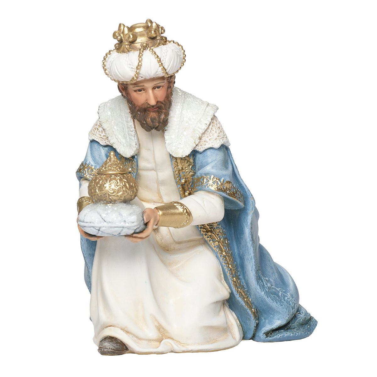 Alternate view of seated king from Joseph’s Studio White & Blue Nativity Set showing the flowing blue and ivory robes
