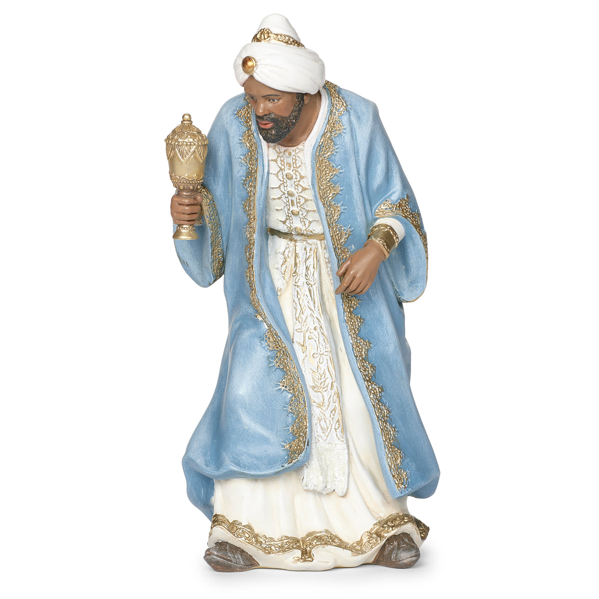 Standing king from Joseph’s Studio White & Blue Nativity Set wearing blue and ivory robes and holding a gift