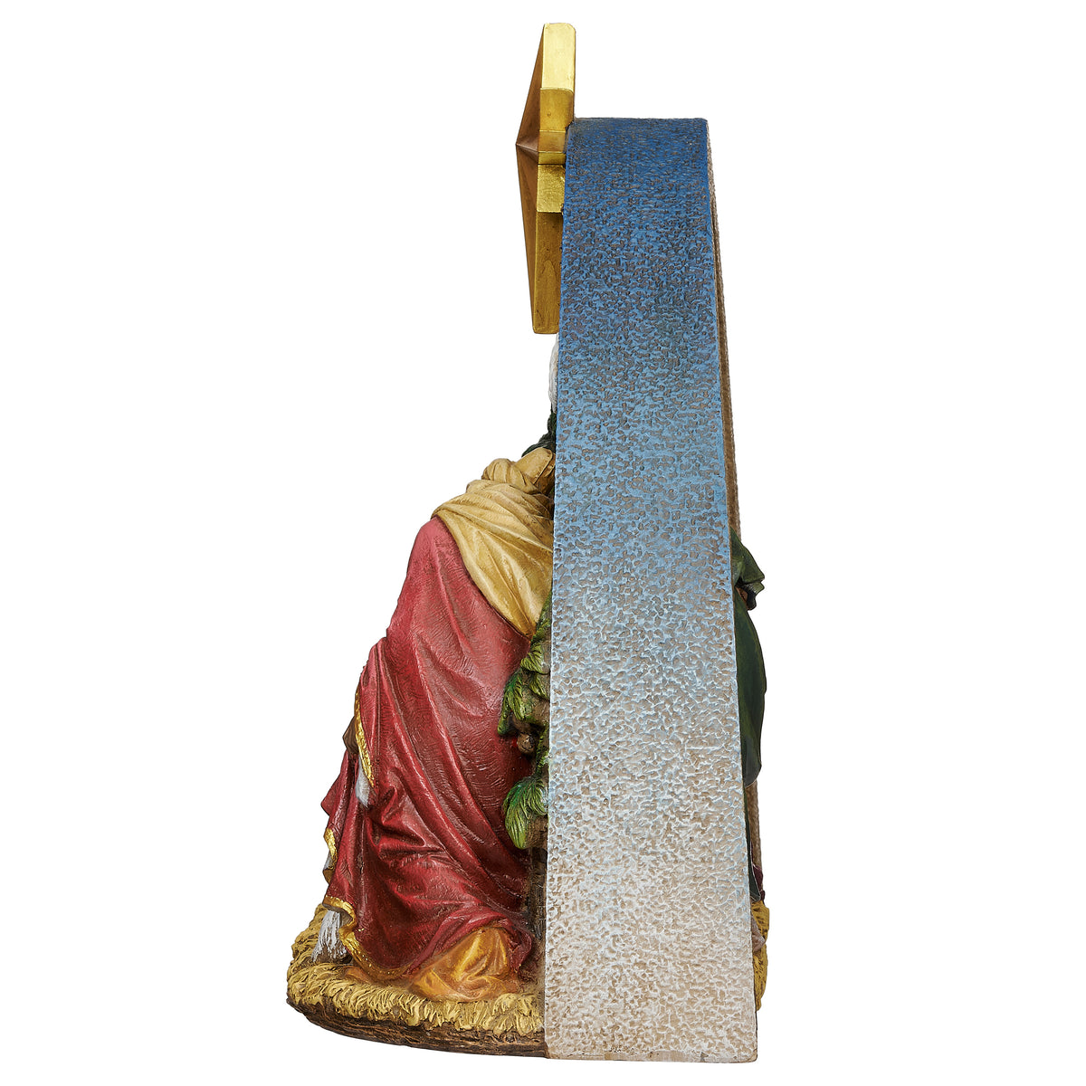 Side view of Joseph's Studio Lighted Nativity Scene showing the narrow profile, layered figures, and arched backdrop