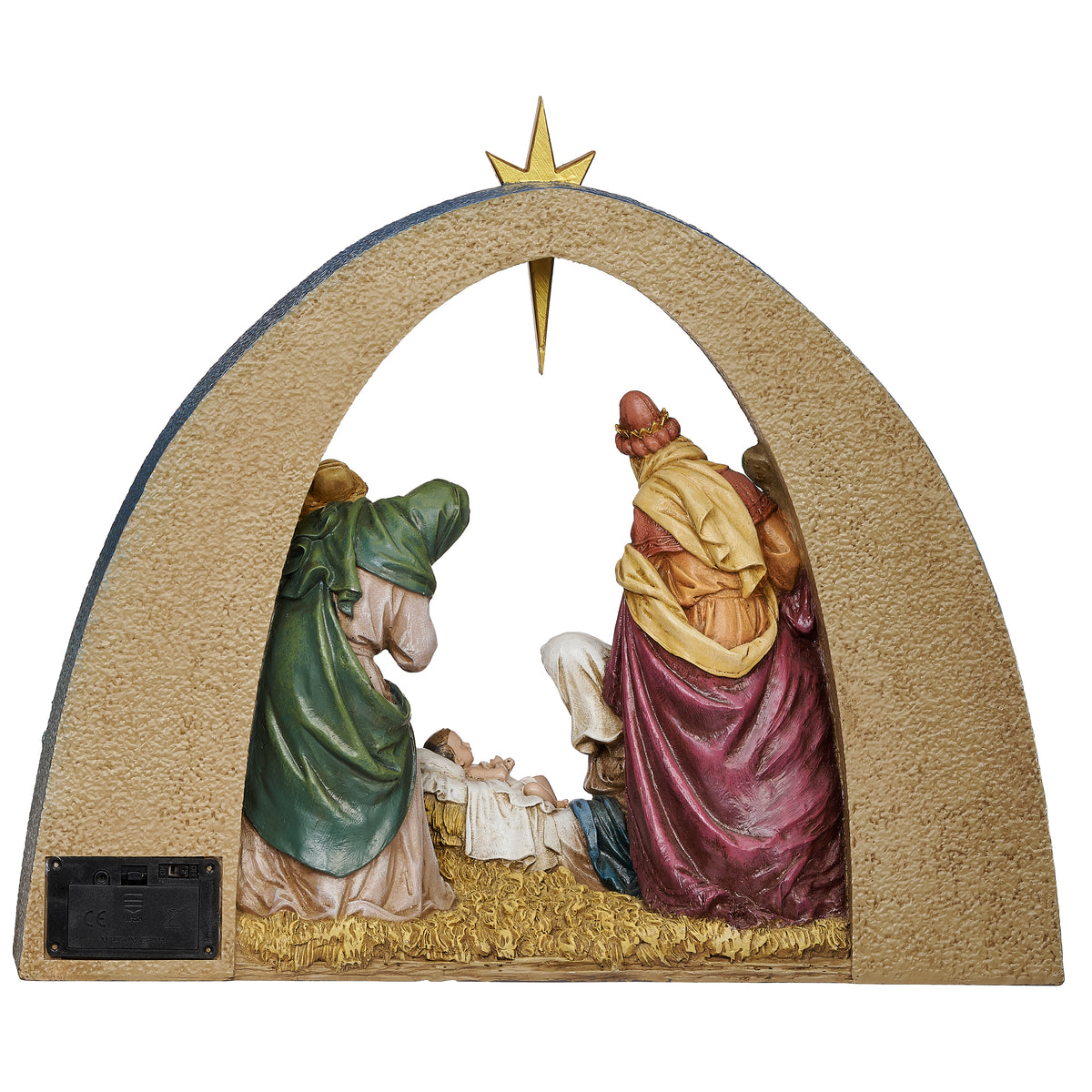 Back view of Joseph's Studio Lighted Nativity Scene showing the plain arched backing and battery compartment