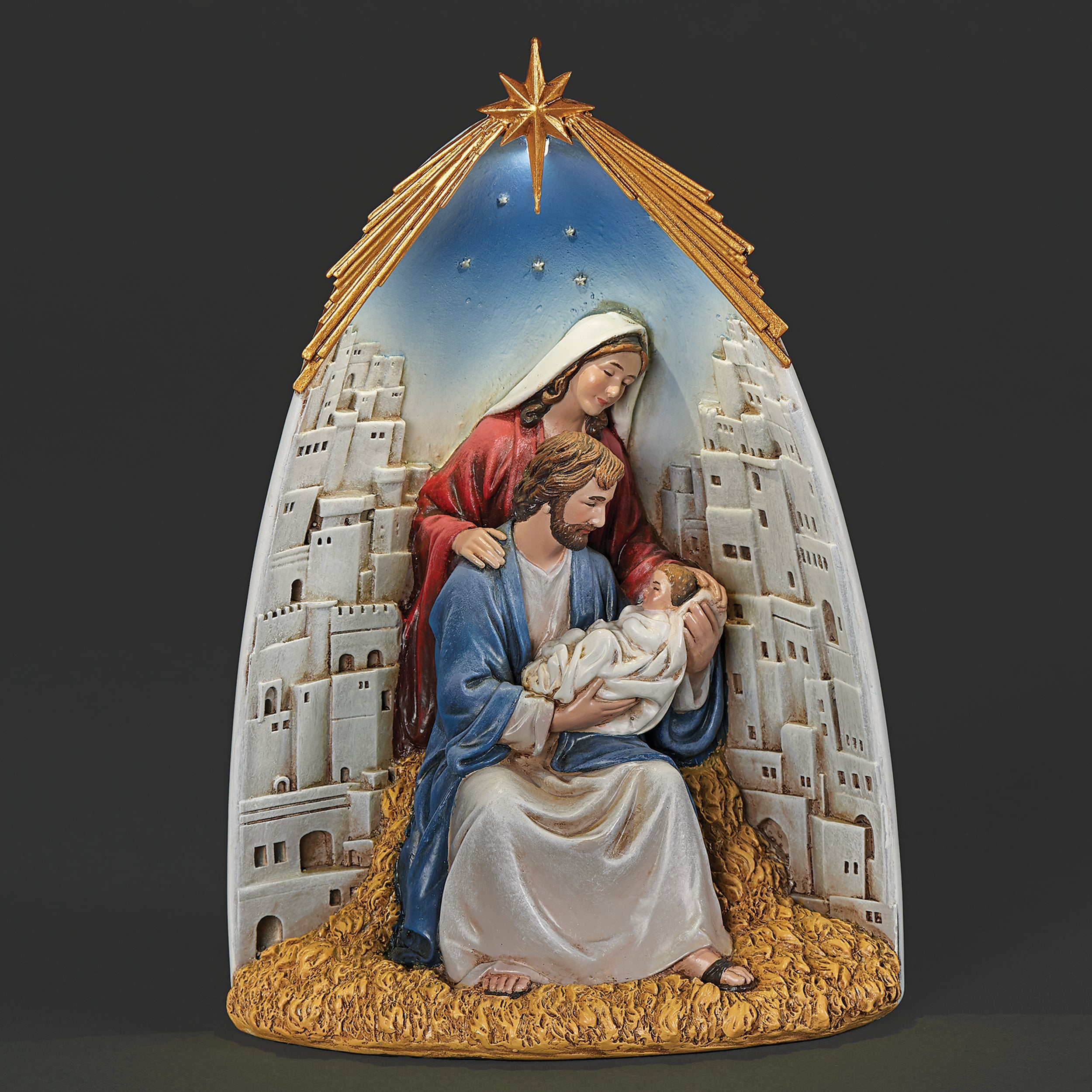 Joseph’s Studio Lighted Holy Family Figurine with Bethlehem Backdrop