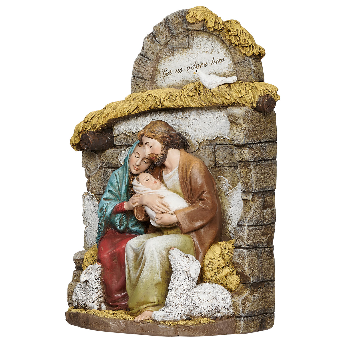Front angled view of Joseph's Studio Let Us Adore Him Holy Family Figure showing Mary, Joseph, and baby Jesus beneath the stone-style stable and gold roof