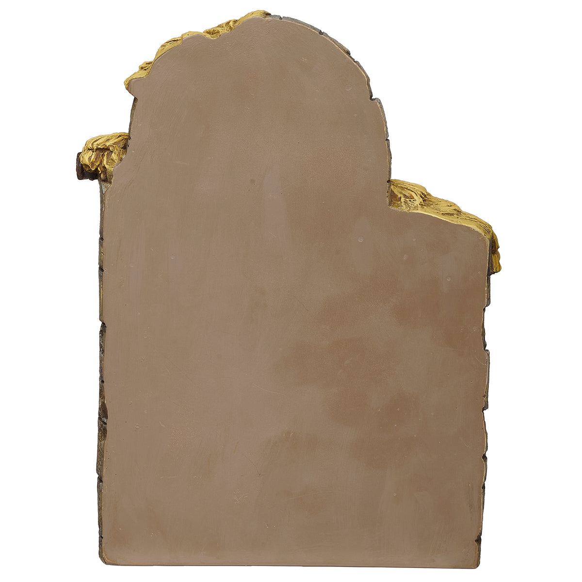 Back view of Joseph's Studio Let Us Adore Him Holy Family Figure showing the plain brown backing and raised roof detail