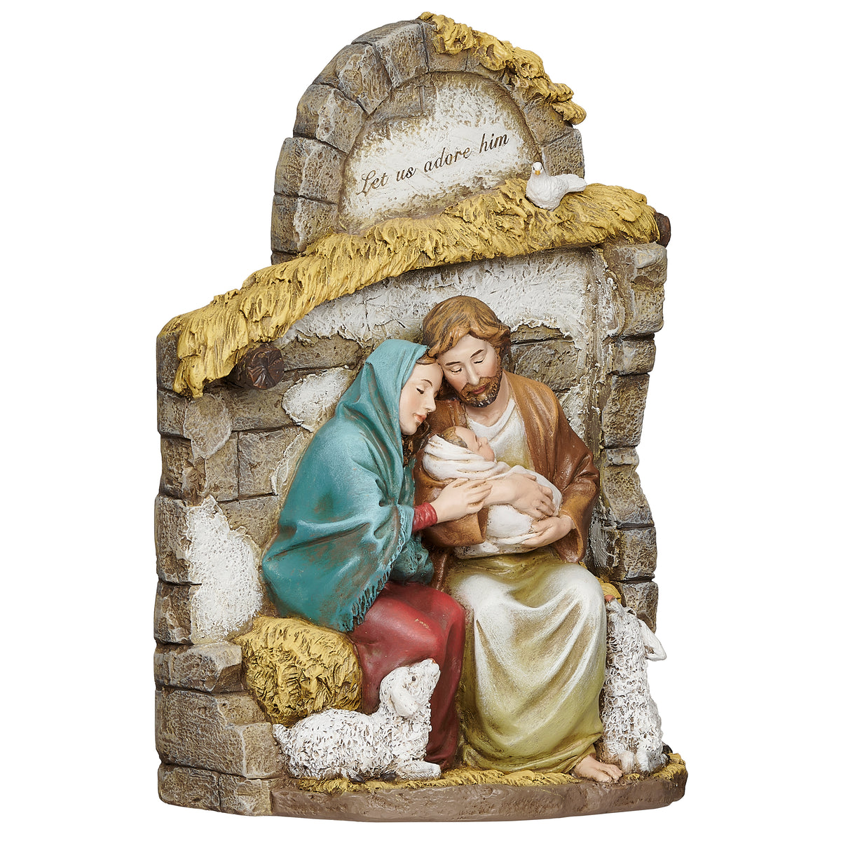 Alternate front view of Joseph's Studio Let Us Adore Him Holy Family Figure highlighting Mary and Joseph with baby Jesus beneath the "Let us adore Him" inscription