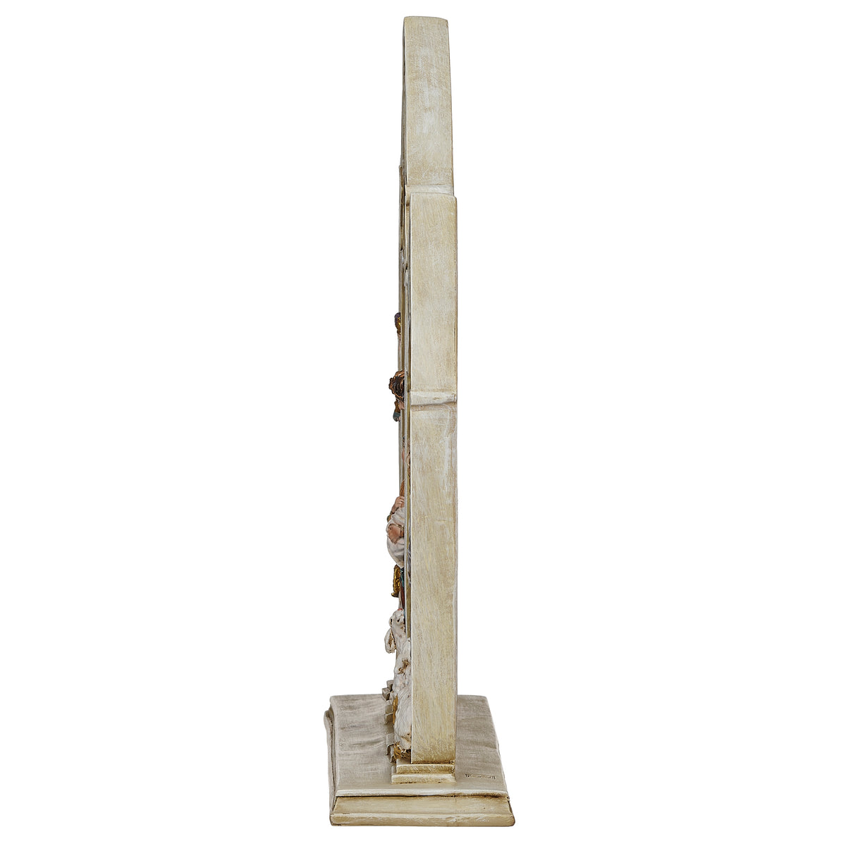 Side view of Joseph's Studio Gothic Arch Nativity Figure showing the narrow profile and layered cathedral-style panels
