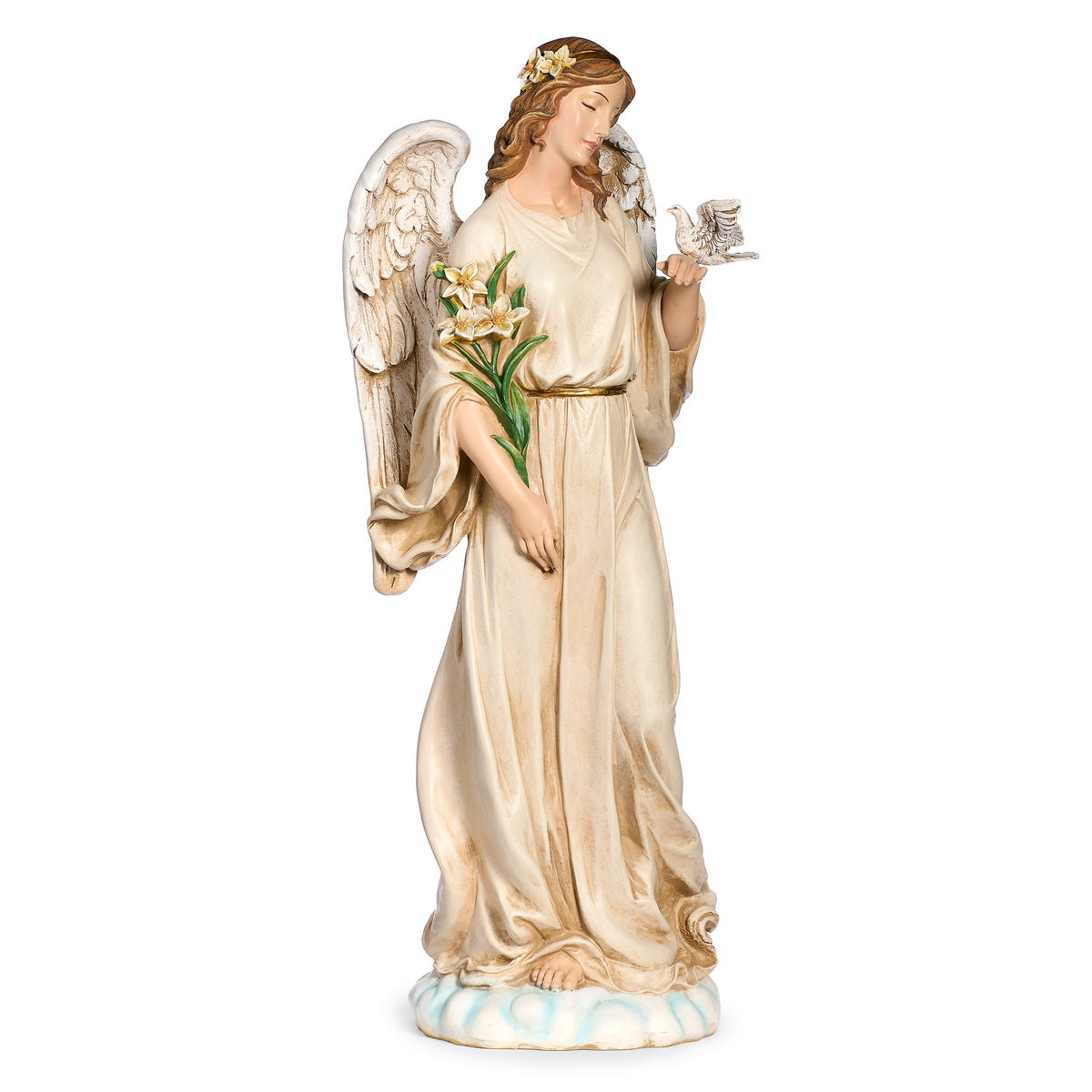 Front angled view of Joseph's Studio Angel with Dove Garden Statue showing the dove, lilies, flowing gown, and feathered wings